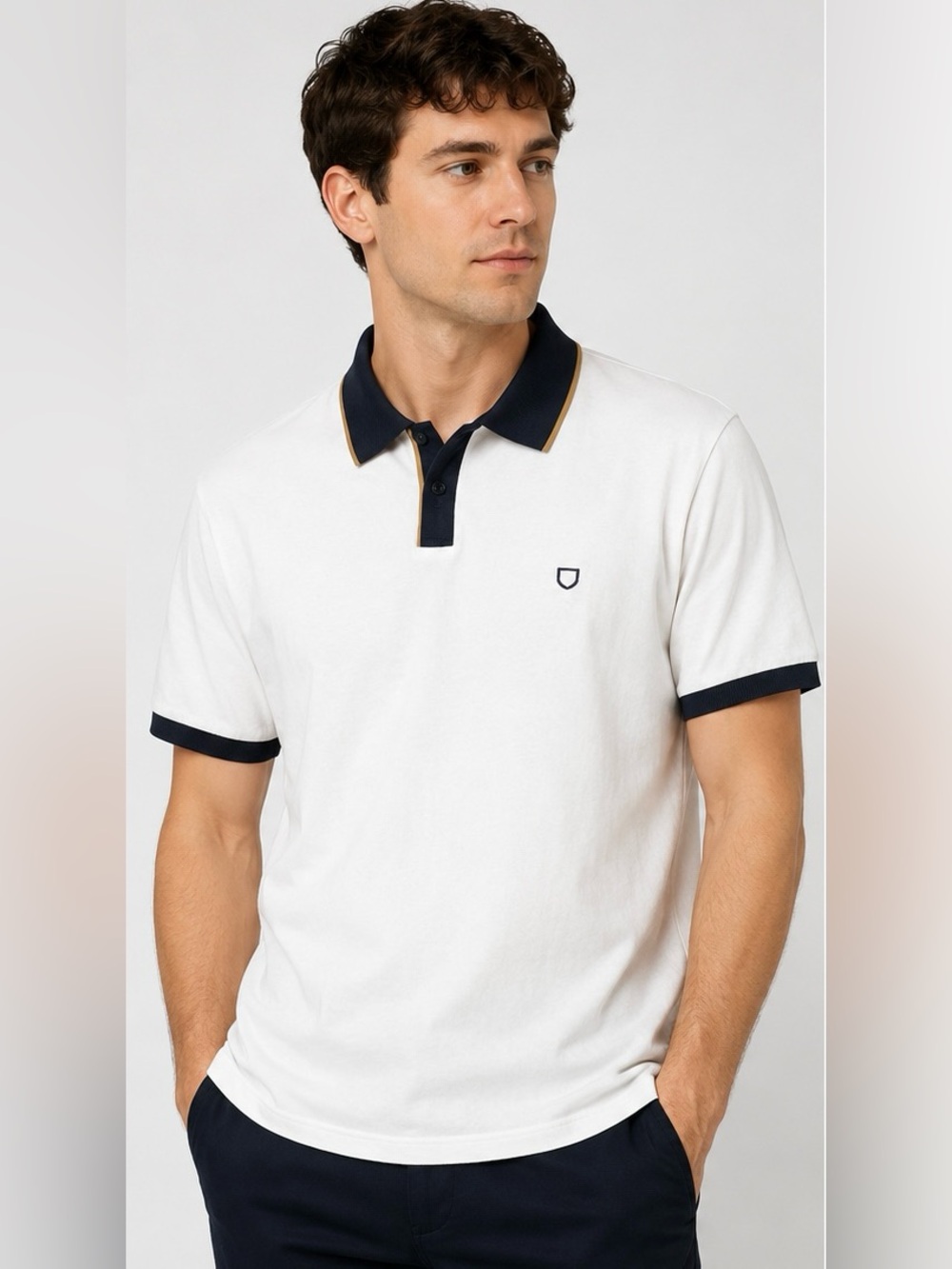 Brixton Men ‘s Off White Polo Shirt with Black and Gold Trim XXL
